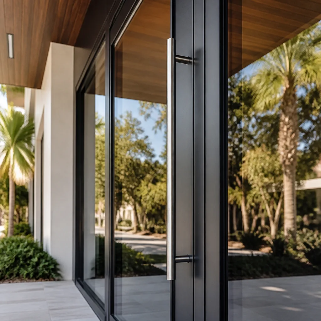 Modern glass patio door with metallic handle and outdoor landscape view