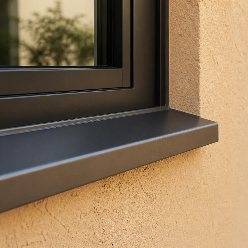 Modern black window frame installation with sleek metal sill on stucco